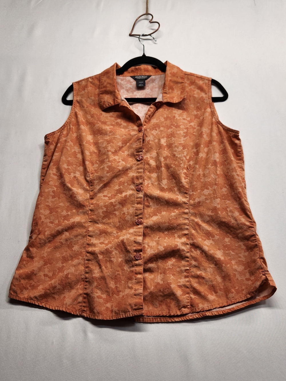 ⭐️Woolrich Apricot Orange Camo Leaf Sleeveless Button Up Blouse Top Cotton L